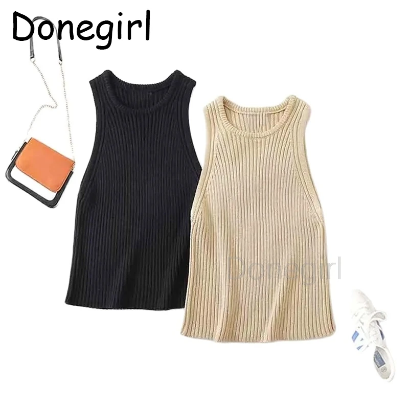 

Donegirl Women 2024 Spring New Fashion Casual Knitted Rib Vest Retro Sleeveless Chic Round Neck All-Match Female Tank Top Mujer