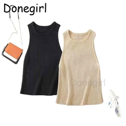 Donegirl Women 2024 Spring New Fashion Casual Knitted Rib Vest Retro Sleeveless Chic Round Neck All-Match Female Tank Top Mujer