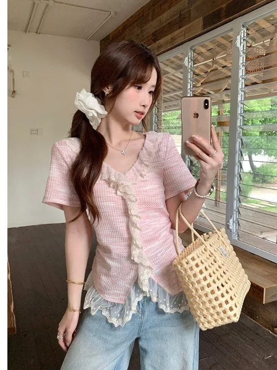 

plus Size Women's T-Shirt Lace Trim Short Sleeve Waist Cinched Summer New Style High Waist Splicing Unique Top Korean Style