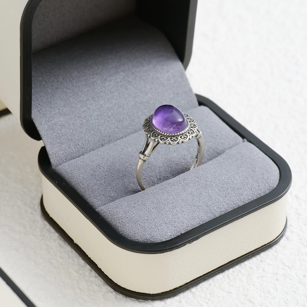 Retro 925 sterling silver women's ring, set with natural ruby, black agate, amethyst white jade, women's wedding jewelry gift