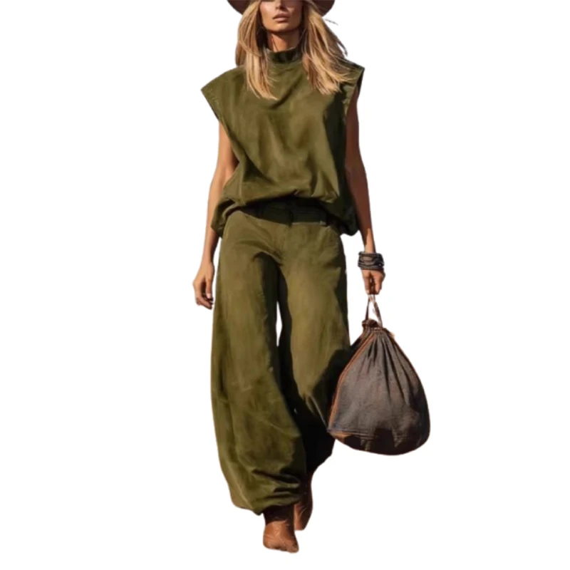 Lemongor Women's Imitation Suede Vintage 2 Piece Set Solid Color Stand Collar Tops & High Waisted Loose Pants Bottom Suits