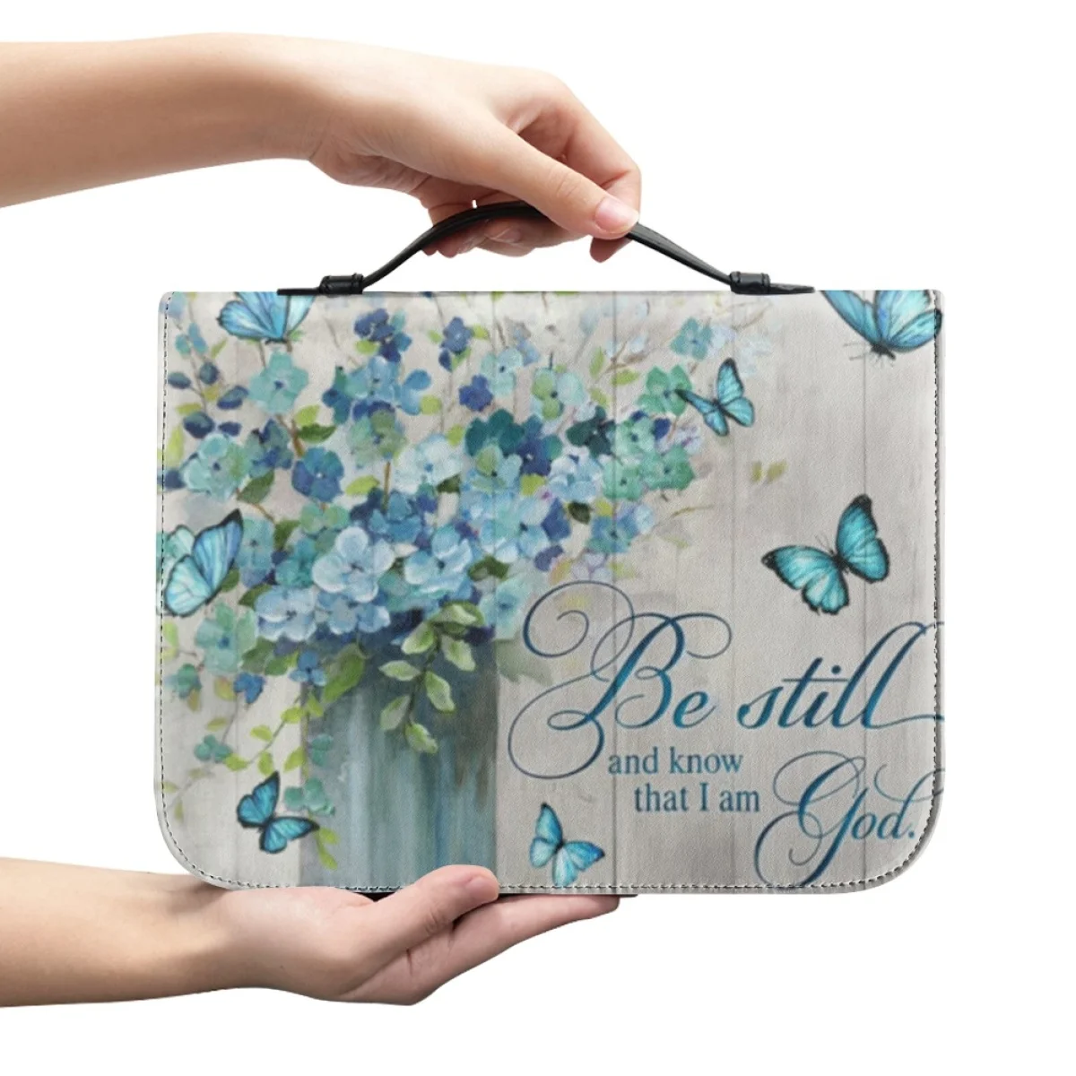 FORUDESIGNS Butterfly Flower Bible Bag Fashion Leather Bible Case for Women Be Still And Know That I AM God Inspiration Tote Bag