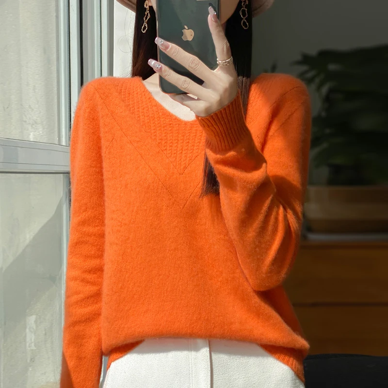 2024 autumn and winter new knitted 100% pure wool V-neck fashionable slimming wool sweater