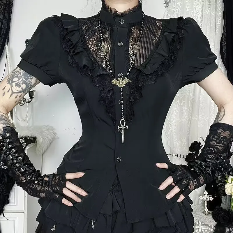 

Vintage Lolita Lace Patchwork Hollow Out Short Sleeve Shirt Blouses Women Mall Gothic Style Button Slim Shirts Kawaii Y2k Tops
