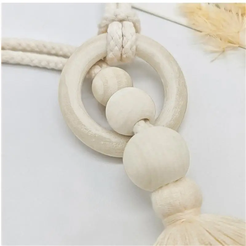 

E8BD 2 Pack Wooden Beads Curtain Rope With Tassels Ends Woven Fabric Tiebacks Window Drapery Holders for Farmhouses Interior