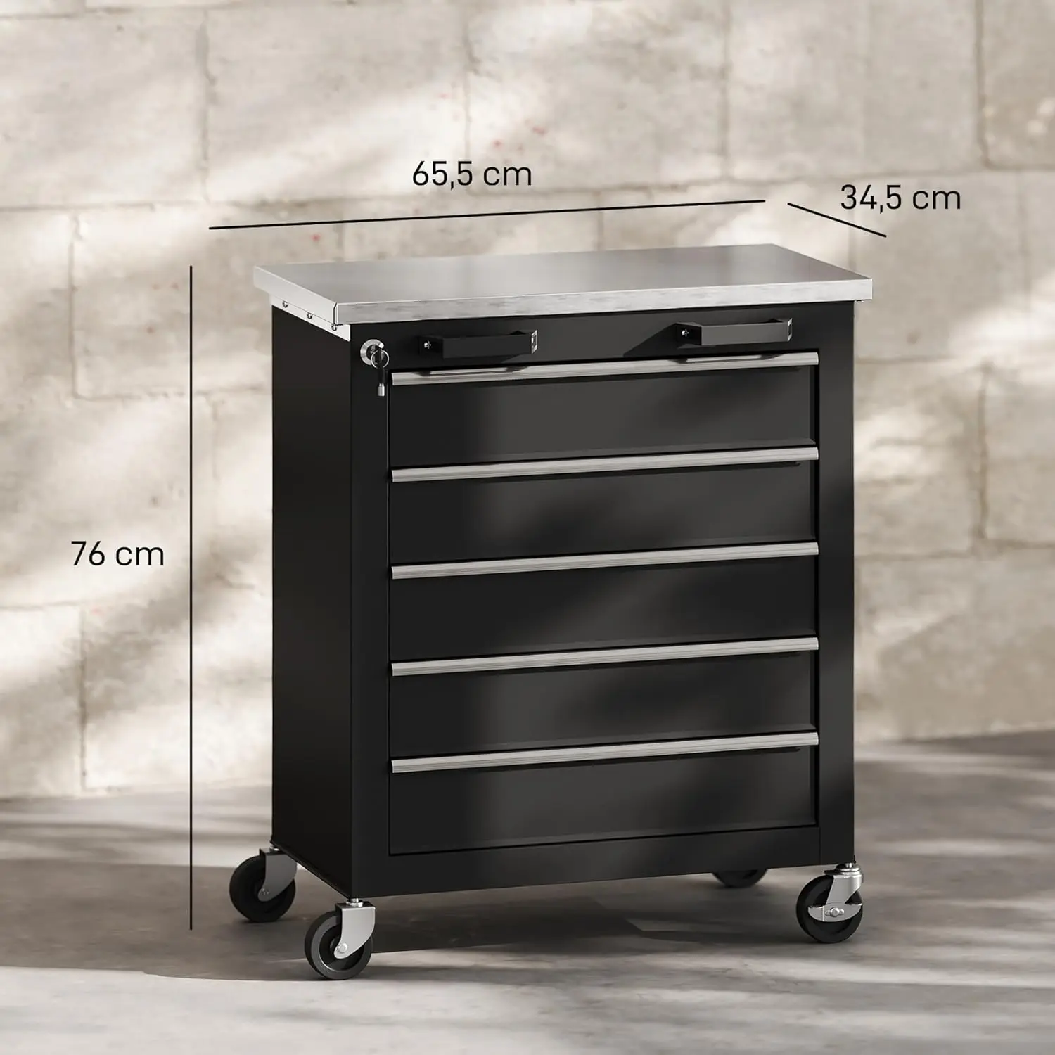 #￥forTool Trolley 5 Drawers Lock Adjustable Height Workshop Wheels Brake Stainless Steel Worktop Tool Box Side Connectors Garage