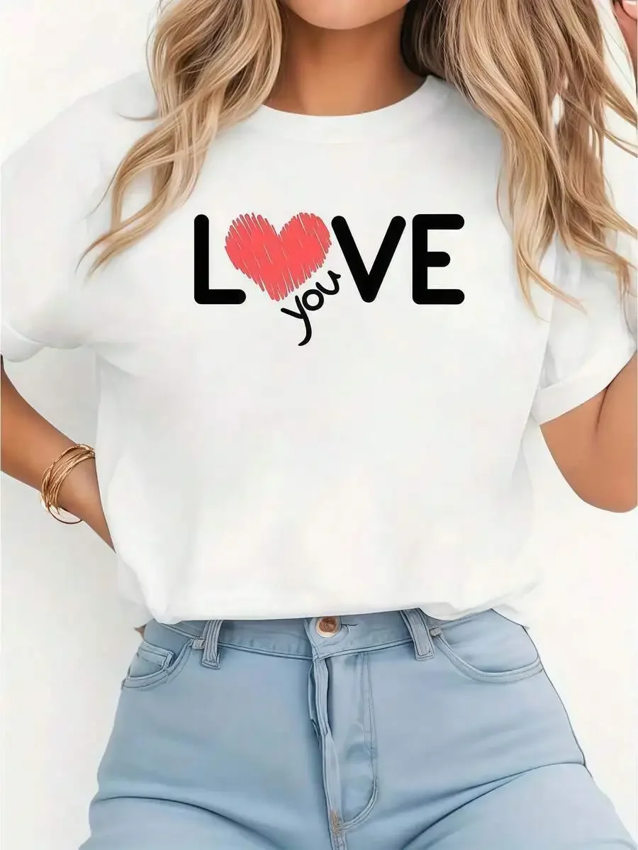 Vacation‑Vibe Women Short Sleeve Tee Crew Neck Beach Postcard Pattern Print Cream Summer Daily Wear Top Free Clothing Clearance