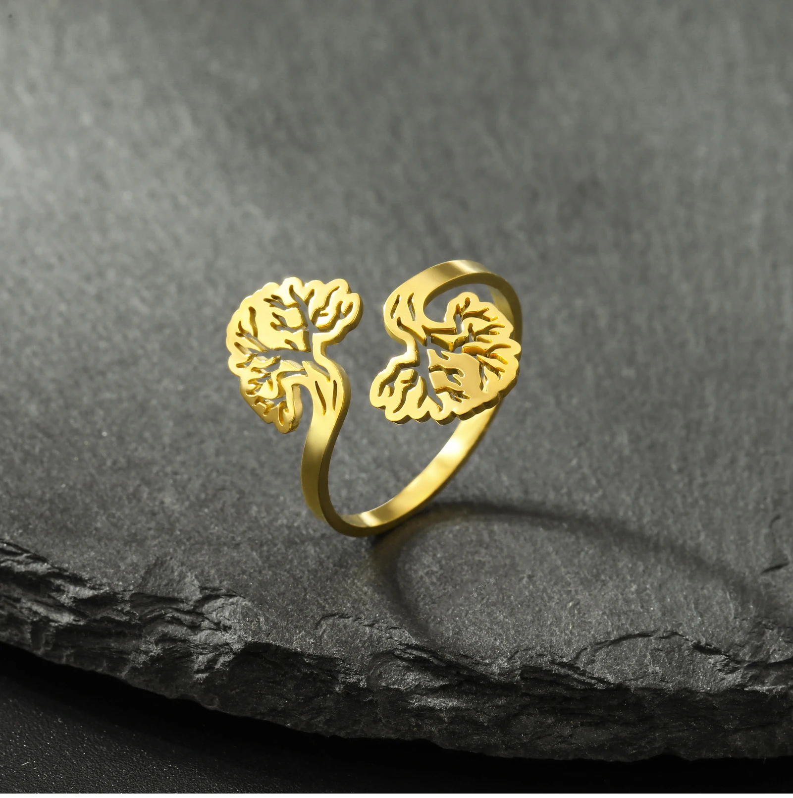 CoolTime Vintage Goldfarbene Damenringe Doppelter Lebensbaum Offener Ring Edelstahl Ausgehöhlter Spiritueller Schmuck Geschenk – Detail 5