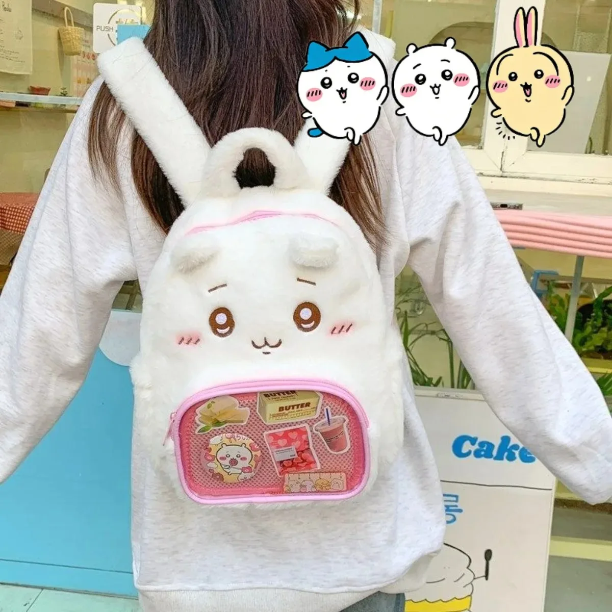 

Kawaii Chiikawa Usagi Momonga Cartoon Backpack White Fluffy Cartoon School Bag with Transparent Pocket for Student Teens Fans