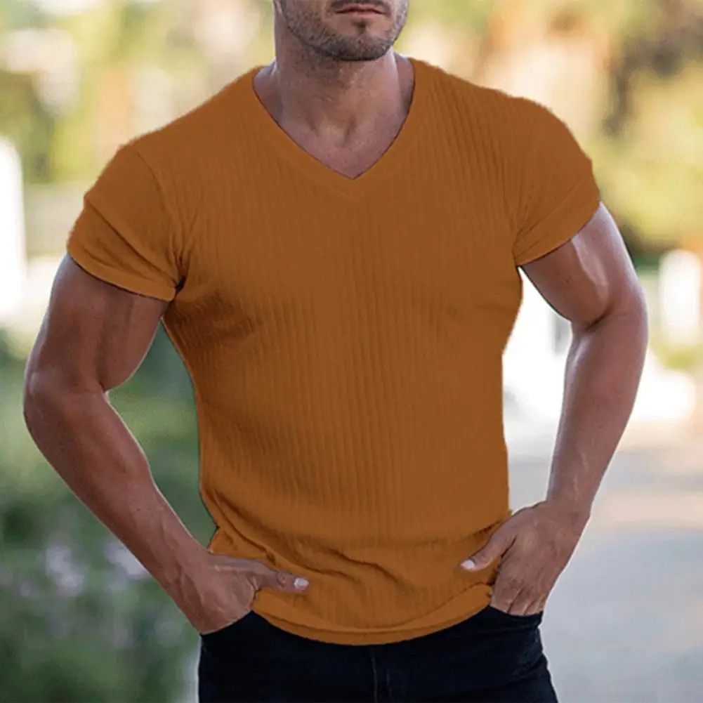 Men T-shirt V Neck Slim Fit Solid Color Breathable Summer Top Daily Garment