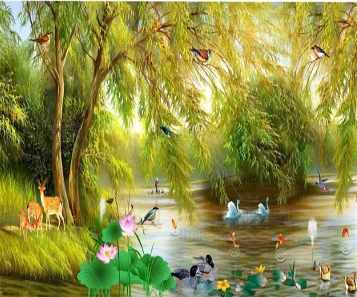 

Фотообои по индивидуальному заказу, картины маслом ивы, цветок лотоса, пейзажные картины, фон для спальни, украшение стены, обои