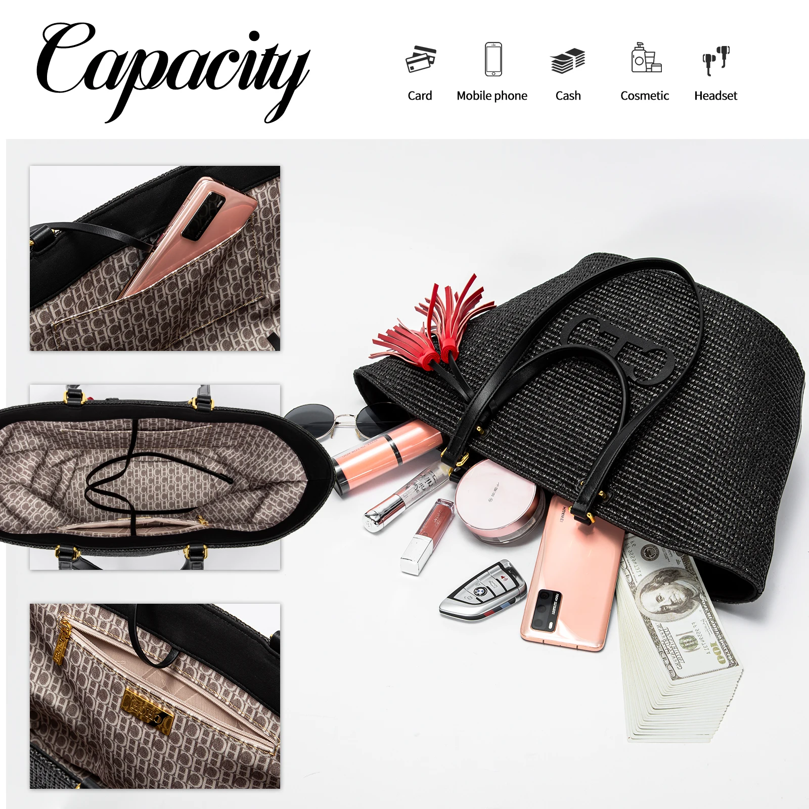 CHCH Tote Bag 2024 New Weaving Texture Large Capacity Beach Bag Vacation Travel Top Handbag