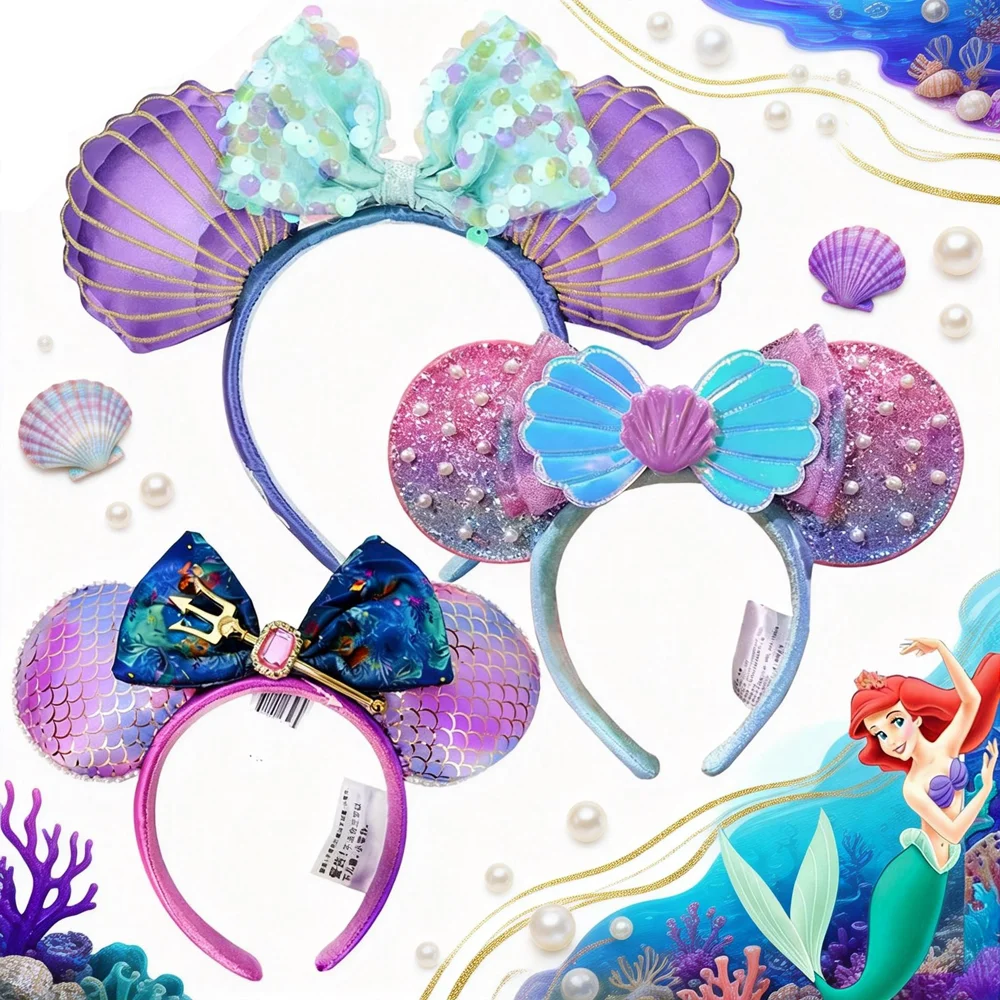 

Повязки на голову с Микки Маусом Диснея, тема Русалочки, морская ракушка, банты, повязка на голову, день рождения, Хэллоуин, косплей костюм для женщин