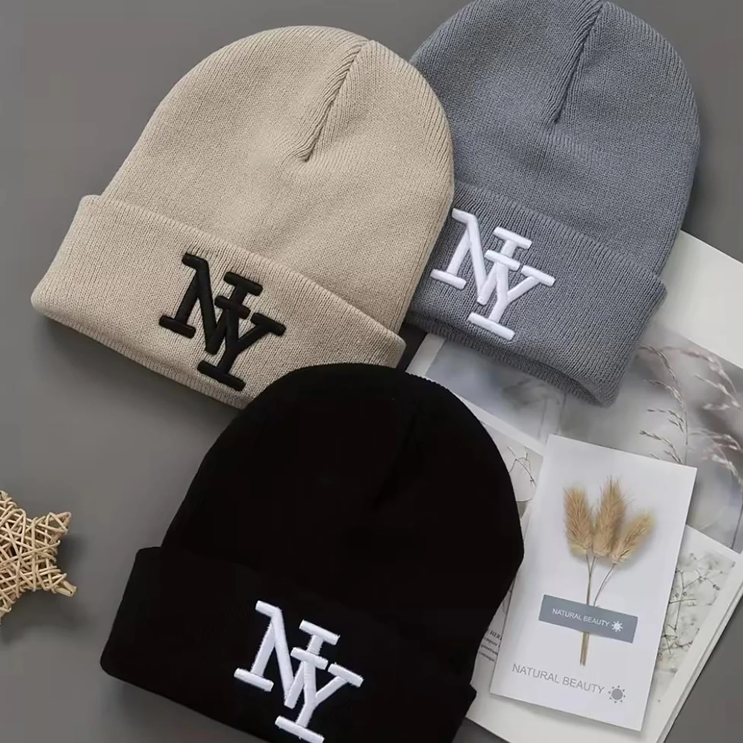 1/2pcs Unisex Winter Beanie Hats, Solid Color Knitted Warm Outdoor Caps with Embroidered Hand Washable