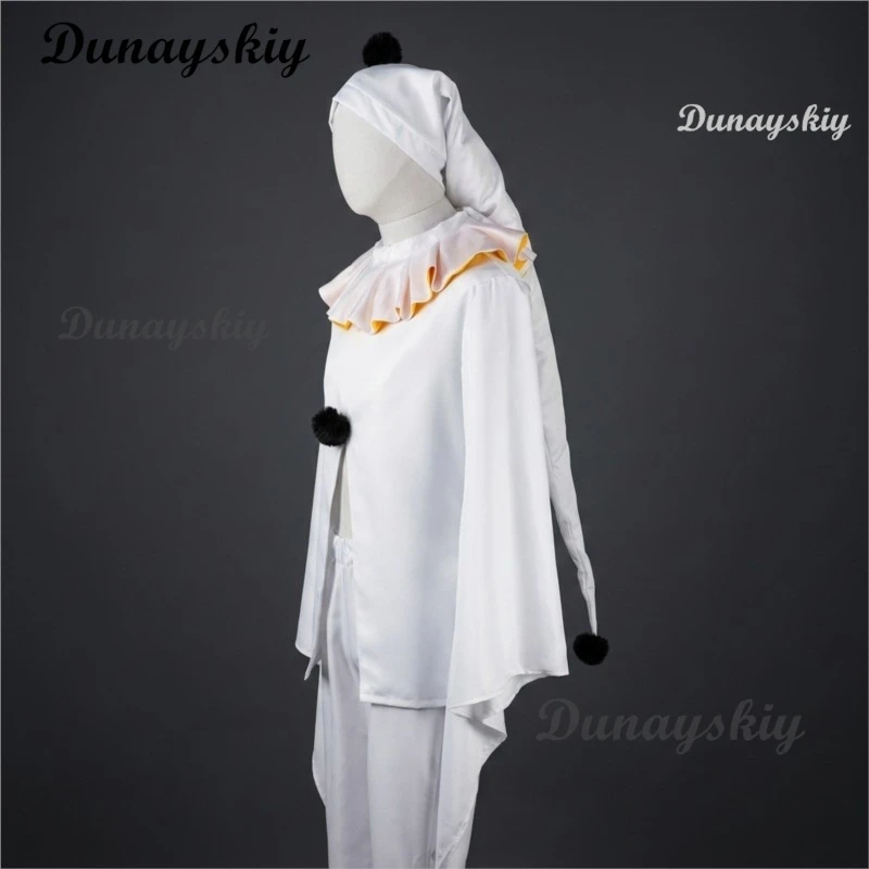 Pierrot Freak Party White Clown Cosplay Complete Set Costume Mask Long White Hair Bell Accessory For Convention Halloween Party