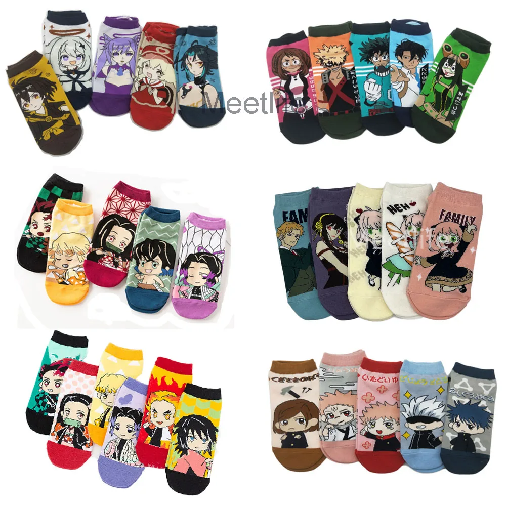 5 Pairs Anime Socks Demon Slayer Spy Family Footsocks Adults Kids Boku No Hero Jujutsu Kaisen Genshin Impact Kimetsu Ankle Socks