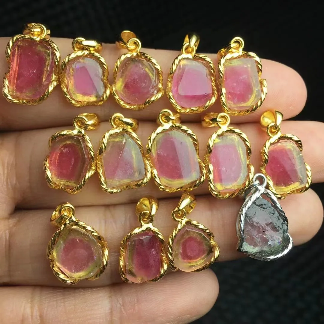 Unit One Piece Gold Plated 925 Silver With Natural Watermelon Tourmaline Crystal Gemstone Pendant