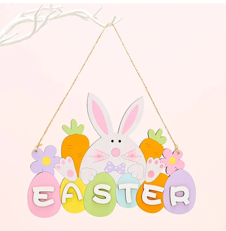 Easter Wooden Letter Hanging Oranments Bunny Party Welcome To Easter Day Colorful Eggs Parti Carrot Rabbit Door Decor Wall Ester