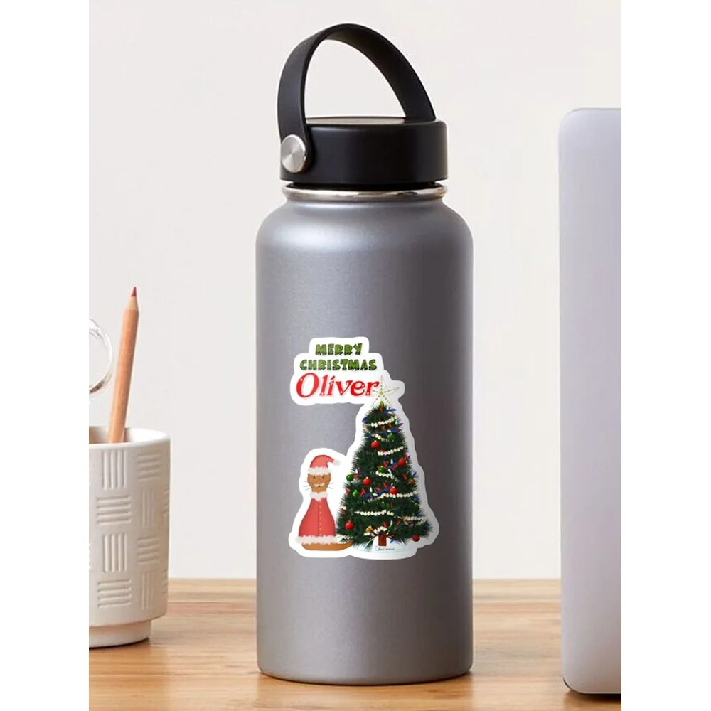 Oliver Dressed as Santa by His Christmas Tree Sticker for Laptop Decor Bedroom Car Cute Cartoon Art Fashionable Public Suitcase