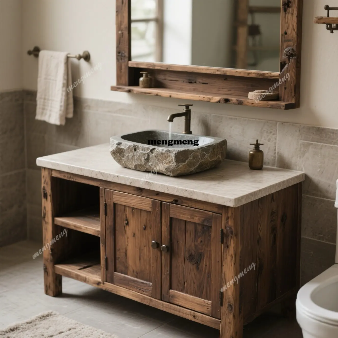 

Wabi Sandy Wind Solid Wood Bathroom Cabinet Ancient Style Hotel Wash Desk Bathroom Cabinet Combination Homestay Stone Wash Desk