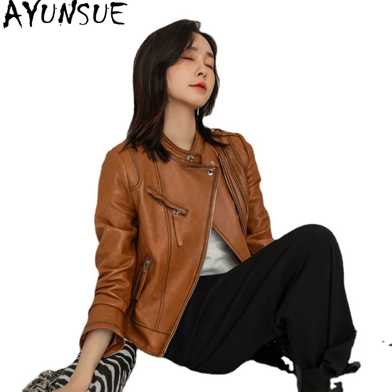 AYUNSUE Kurtka damska ze skóry owczej licowej, odzież damska 2025, kurtki motocyklowe, dopasowany krój, wiosenno-jesienny płaszcz damski, elegancki