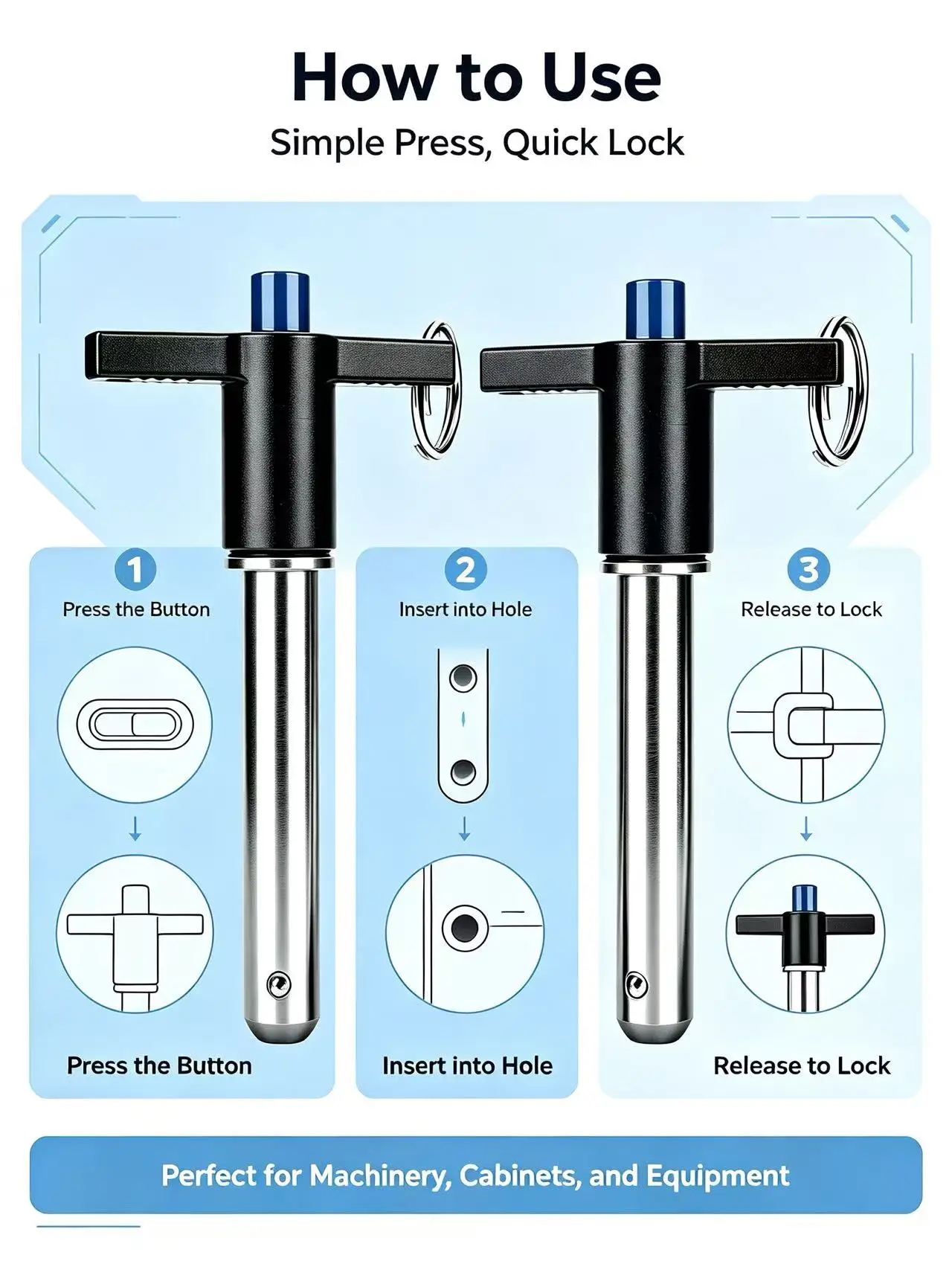 T‑Handle Quick Release Ball Lock Pin, 304 Stainless Steel Spring Loaded Locking Pin for Equipment Positioning