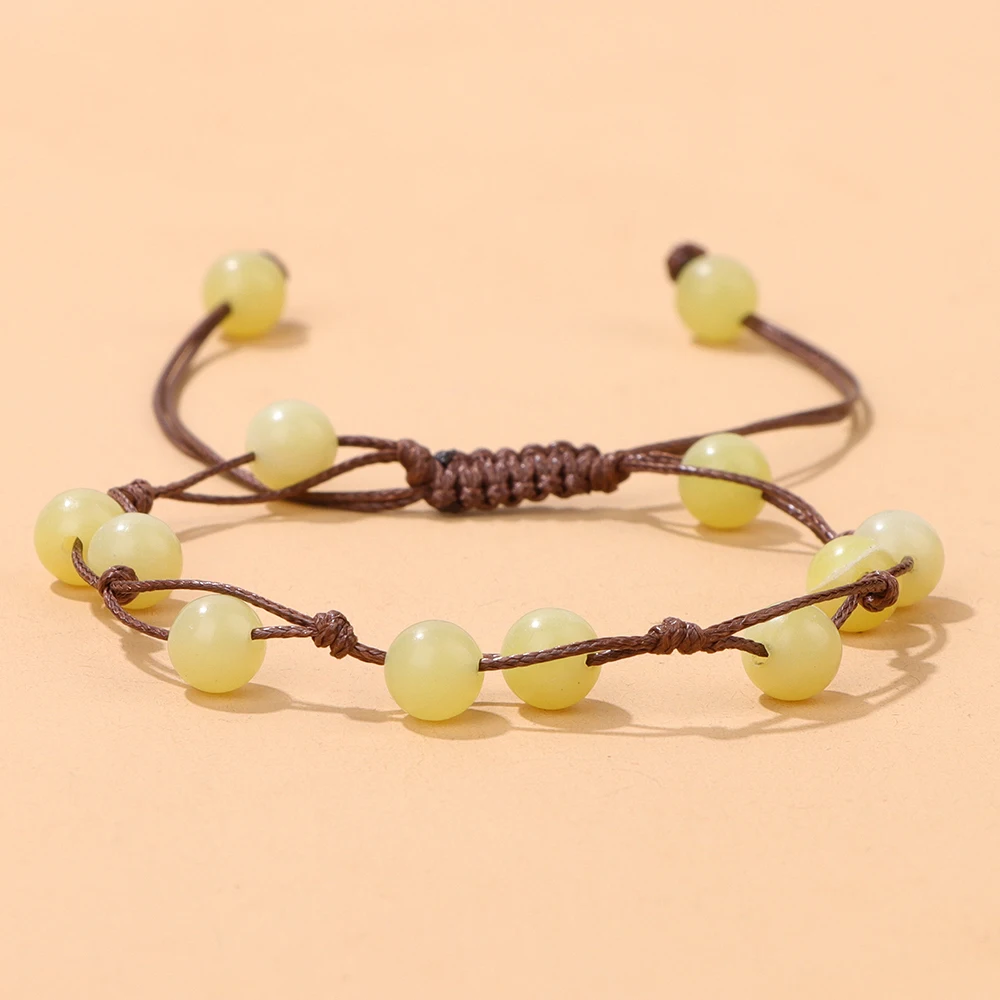 Natural Stone Yellow Jades Bracelet 6mm Round Beaded Braided Bracelets Handmade Adjustable Rope Woven Bracelet for Women Men