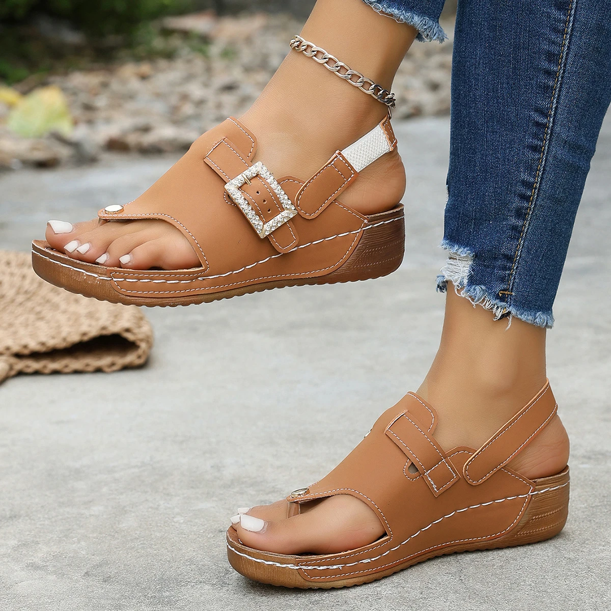 Women's Comfort Wedges Sandals Summer 2026 Casual Non Slip Beach Shoes Woman Roman Style Peep Toe Platform Sandals Plus Size 43
