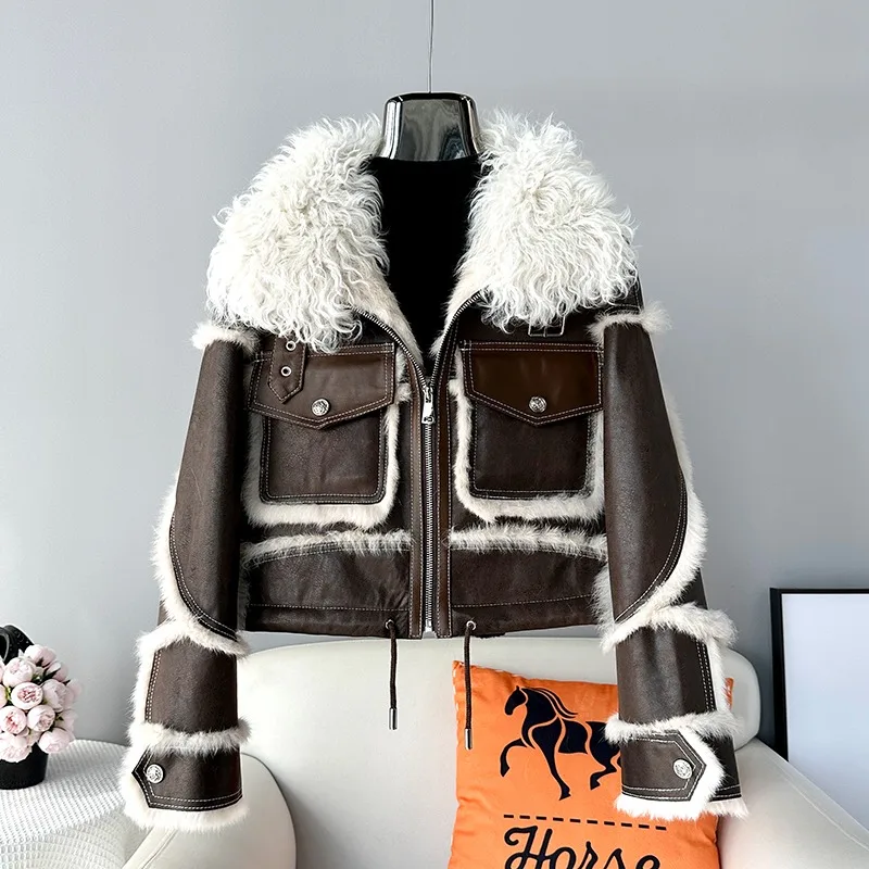 Whole Skin Rabbit Fur Fur One Coat Female Short 2023 Fall and Winter New Wool Collar Locomotive Style Jacket JT444