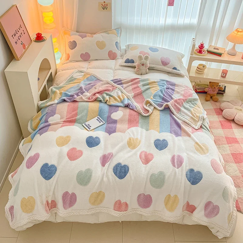 Rainbow Love Heart Pattern Blanket Cartoon Style Velvet Blanket Boys Girls Home Sofa Soft Comfortable Blanket Machine Washable