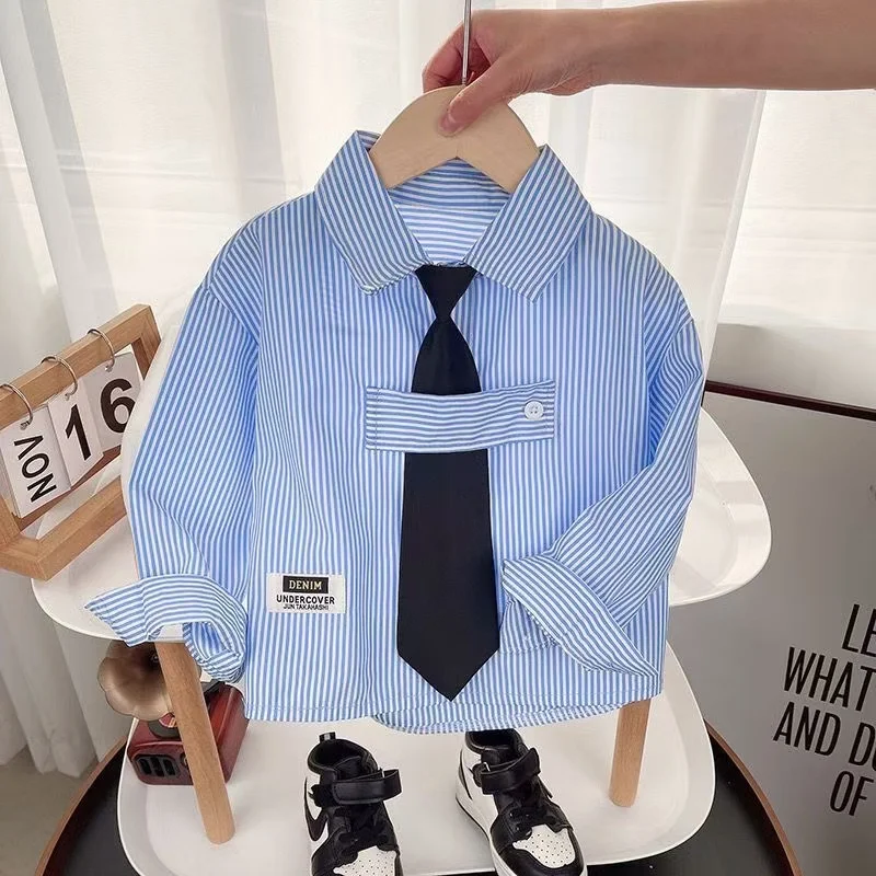 

2025 New Pure Cotton Long Sleeved Shirt Boys' Striped Shirt Stylish Girls' Lapel Top Blue Versatile Trendy