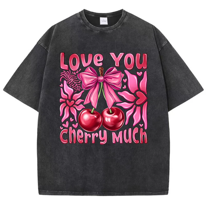 

Love You Cherry Much Printing Washed T-Shirts Women Cotton Oversize Streetwear O-Neck Comfortable Distressed Tops Summer Clothes
