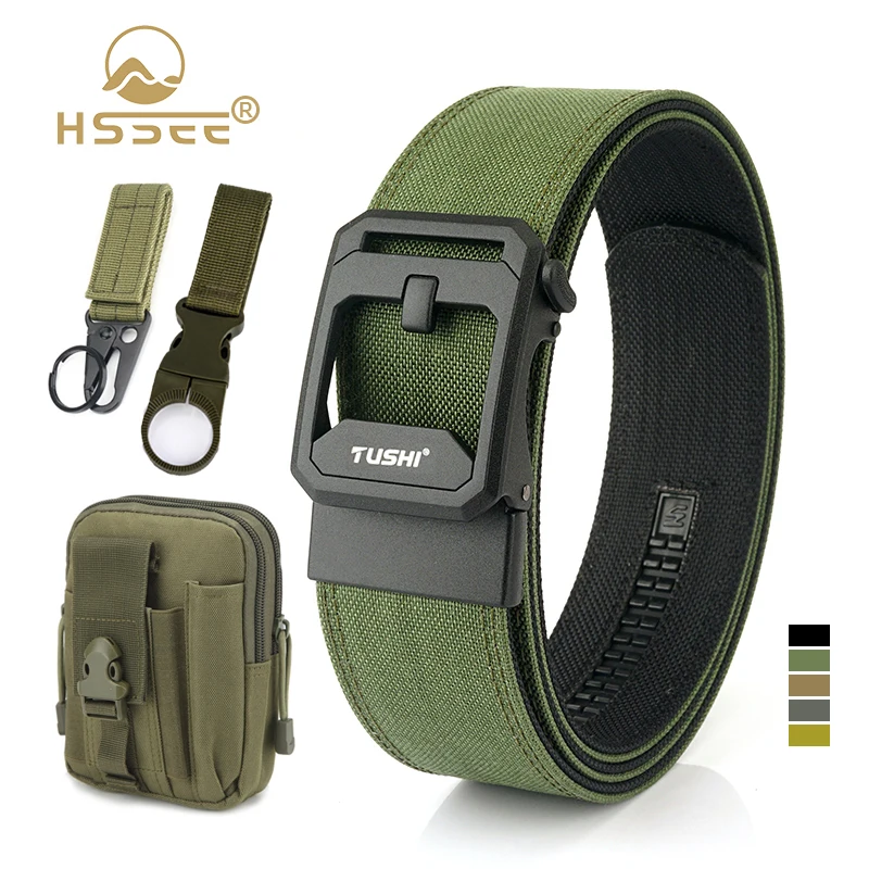 HSSEE New 4.3cm Men's Tactical Belt Metal Automatic Buckle Strong Nylon Police Military Belt Tactical Pouch IPSC Accessories