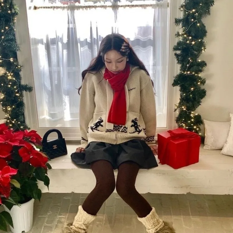 

Shpmishal американский ретро жаккардовый лыжный свитер на молнии с капюшоном, кардиган, зимний свободный повседневный вязаный топ