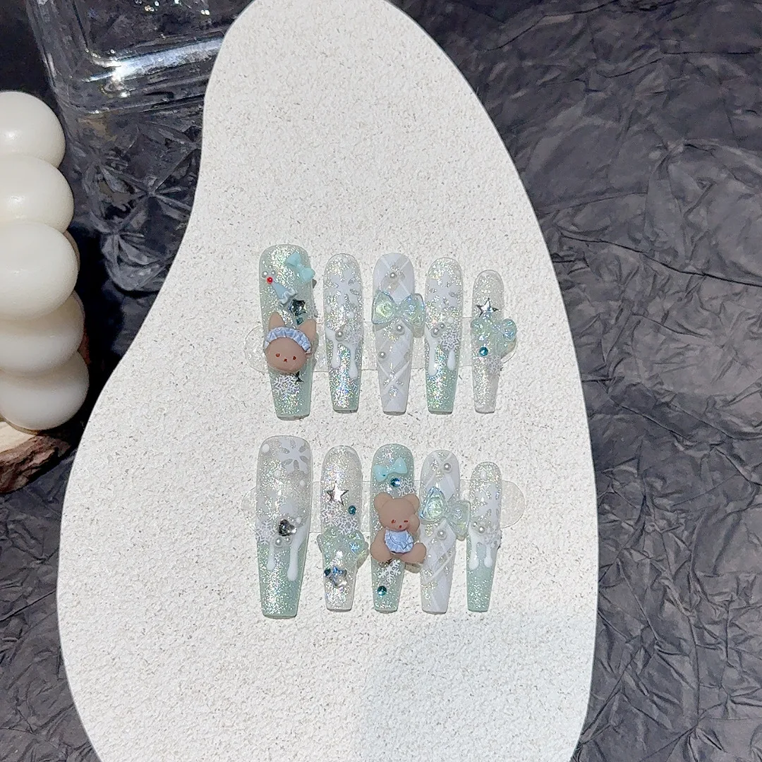 

10PCS Kawaii Cute Press on Nails Long 3D Bear French Fake Nails with Snowflake Bow Pearls Decor False Nails Mint Green Nail Art