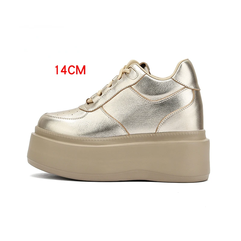 Genuine Leather Women's for Shoes Invisible Height Increased 14cm New Ultra Light Gold Thick Sole Casual Fashiona Elevated Shoes