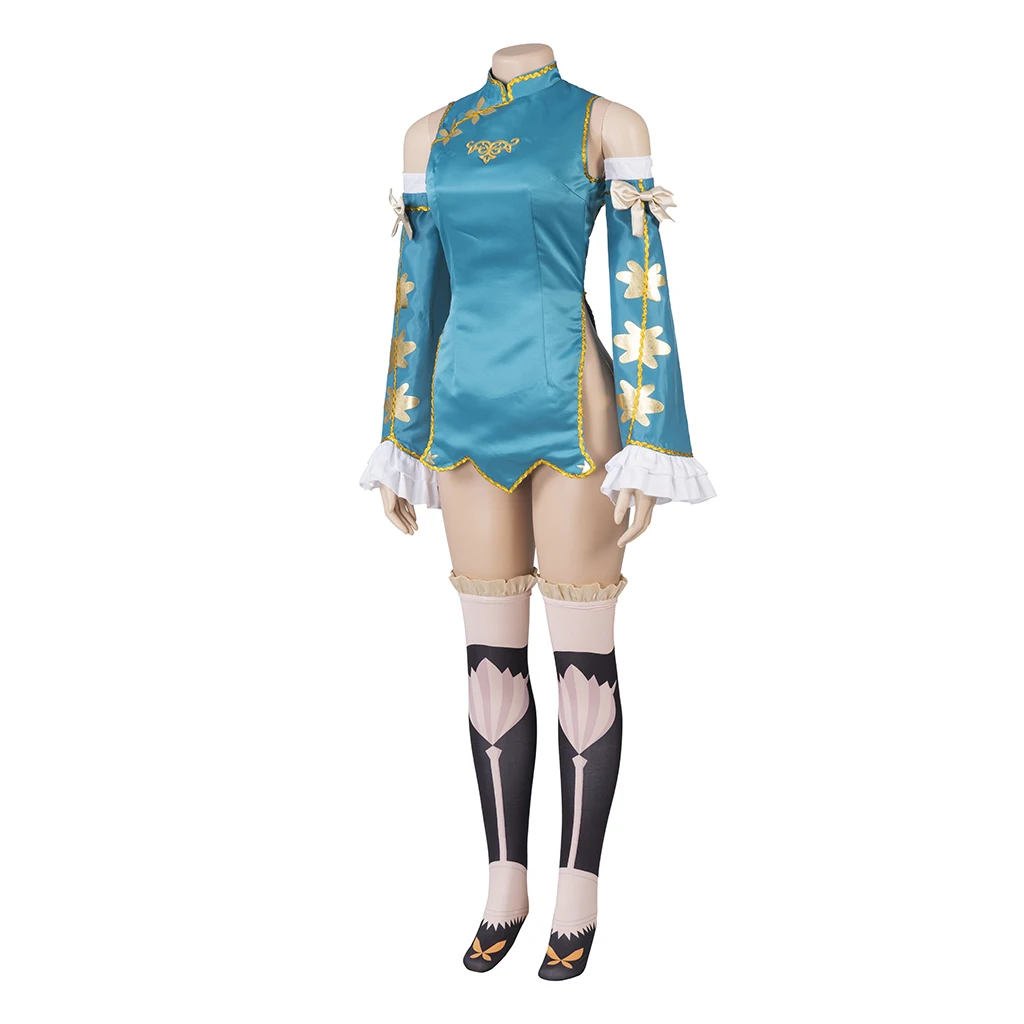 Game Shining Resonance Rinna Mayfield Cosplay Costume Blue Cheongsam Dress With Hat Stocks Full Set Halloween Outfits