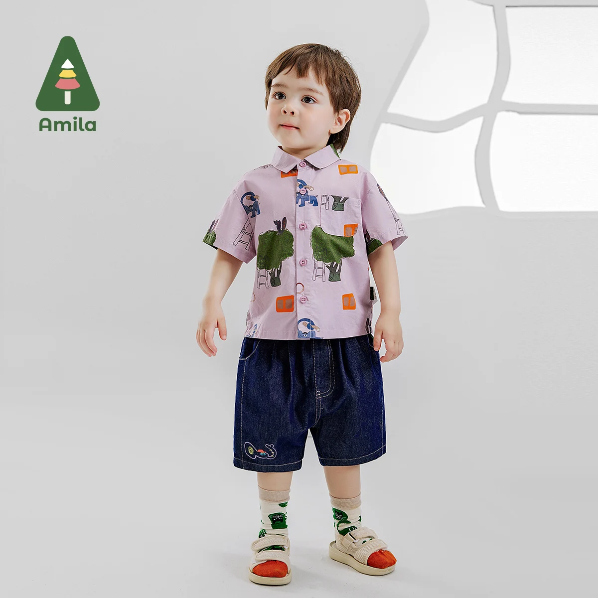 

Amila 2024 Summer New Boys Set Original Full Print Shirt T-shirt & Denim Embroidered Shorts 2-Piece Set 0-6Y