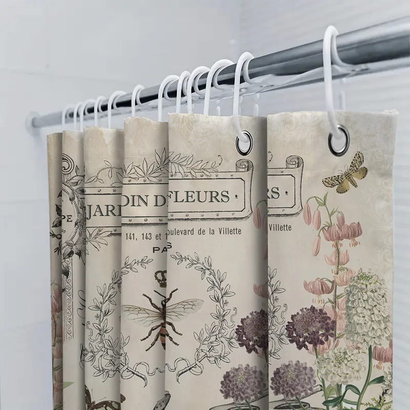 ヴィンテージガーデン装飾シャワーカーテンセット花ハニーデザイン浴室装飾ホームアクセサリー黒織物 Waterpro