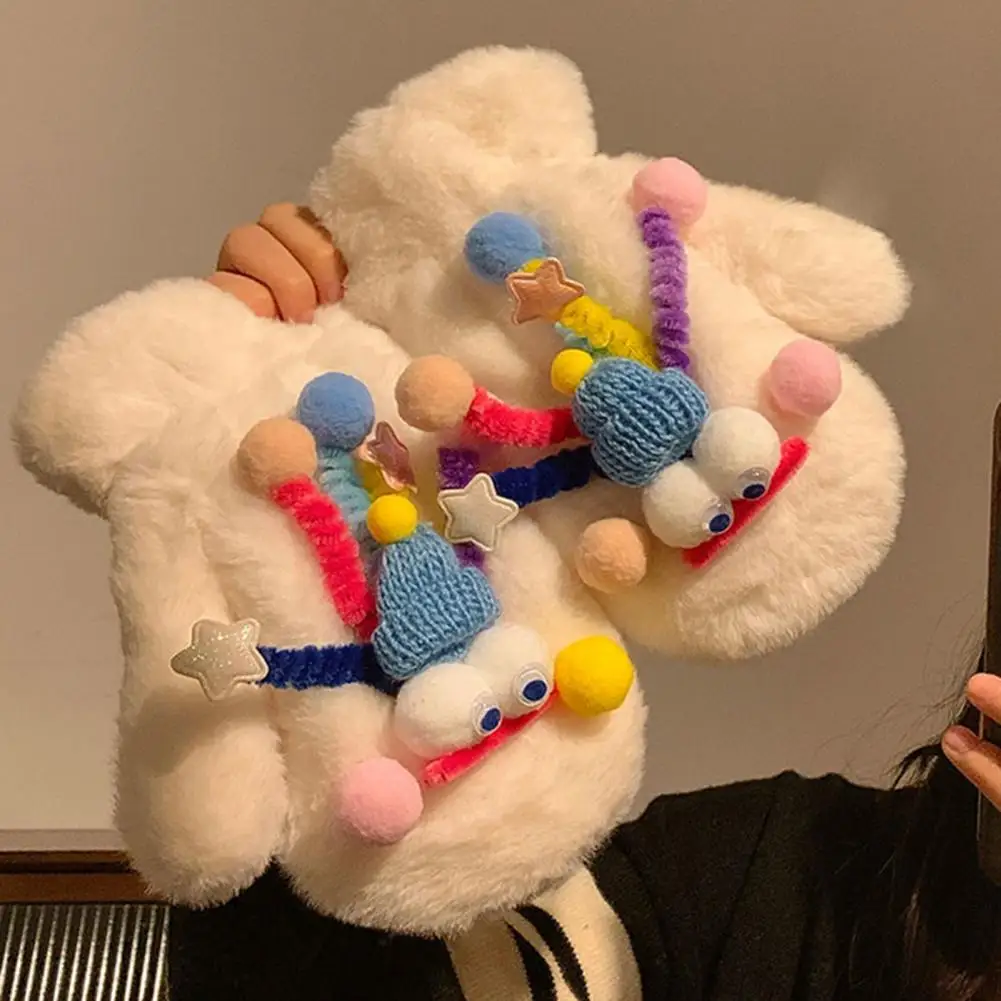 قفازات من الفرو الصناعي، قفازات شتوية مبطنة بالصوف للنساء، تصميم كرتوني، دفء سميك للاستخدام الداخلي والخارجي #5