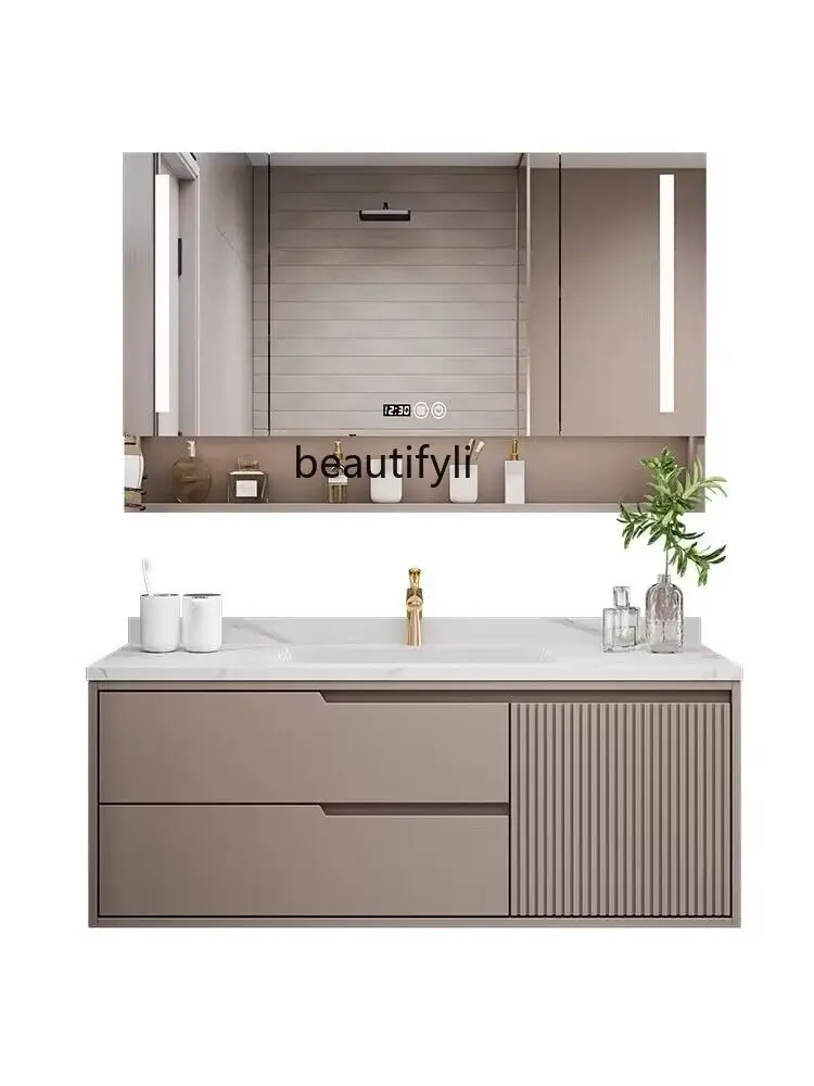 Modern Minimalist Solid Wood Bathroom Cabinet Combination Light Luxury Stone Plate Bathroom Wash Face Wash Washstand