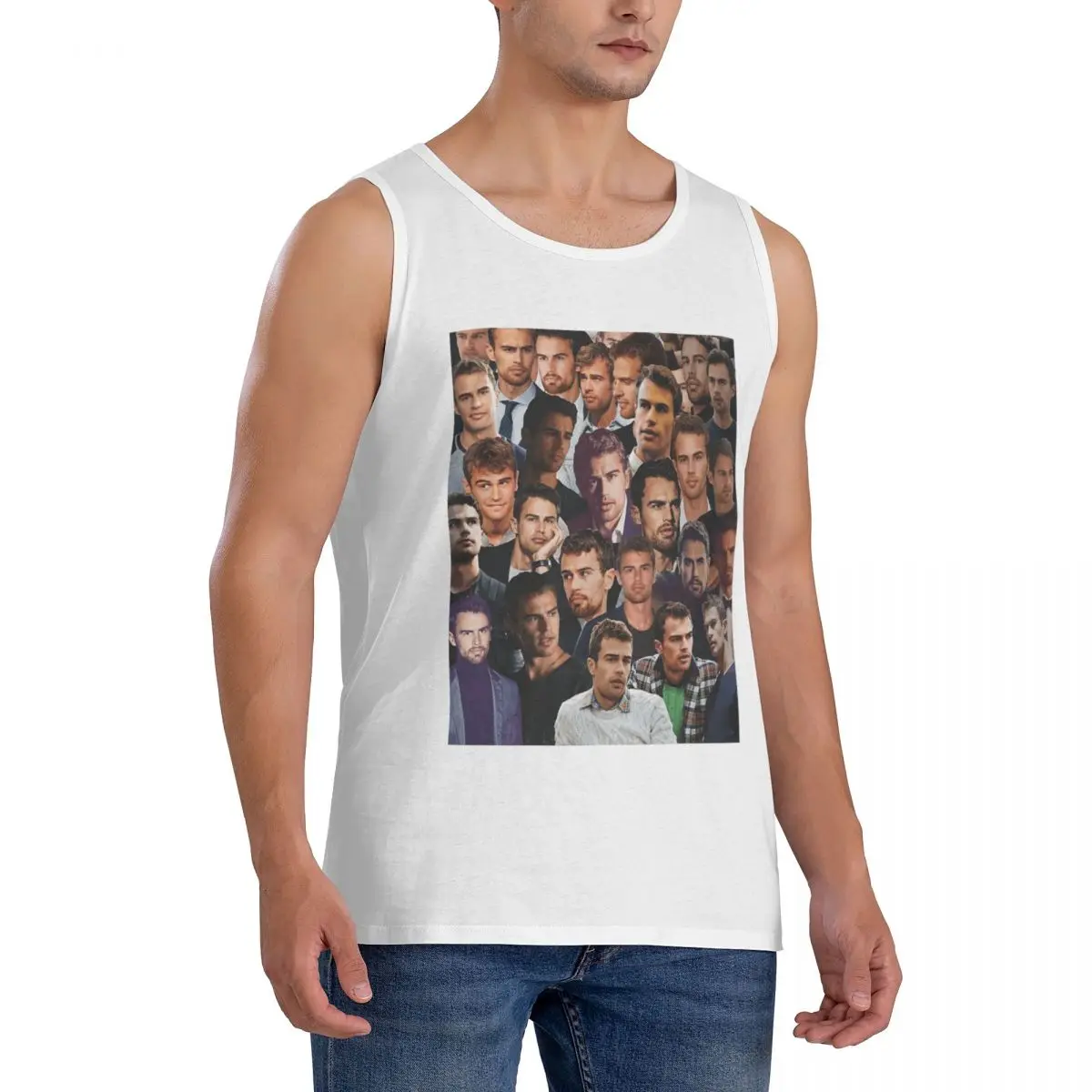 100% Cotton Theo James Photo Collage Sleeveless T-Shirt Men Workout Sports Clothing Tops Men's Crew Neck Vest