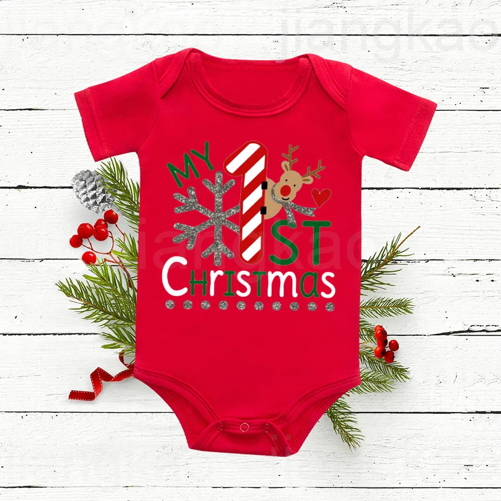 My 1st Christmas Romper Deer Printed Baby Bodysuit Baby\'s First Christmas Outfit Newborn Cotton Jumpsuit Toddler Baptism Clothes