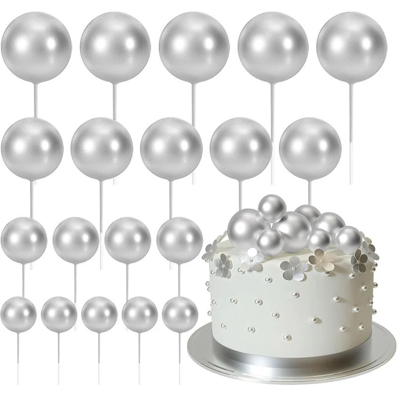 20 Pcs Sliver Ball Cake Topper Decorations DIY Foam Ball Cake Insert Cupcake Toppers Wedding Anniversary Birthday Party Supplies