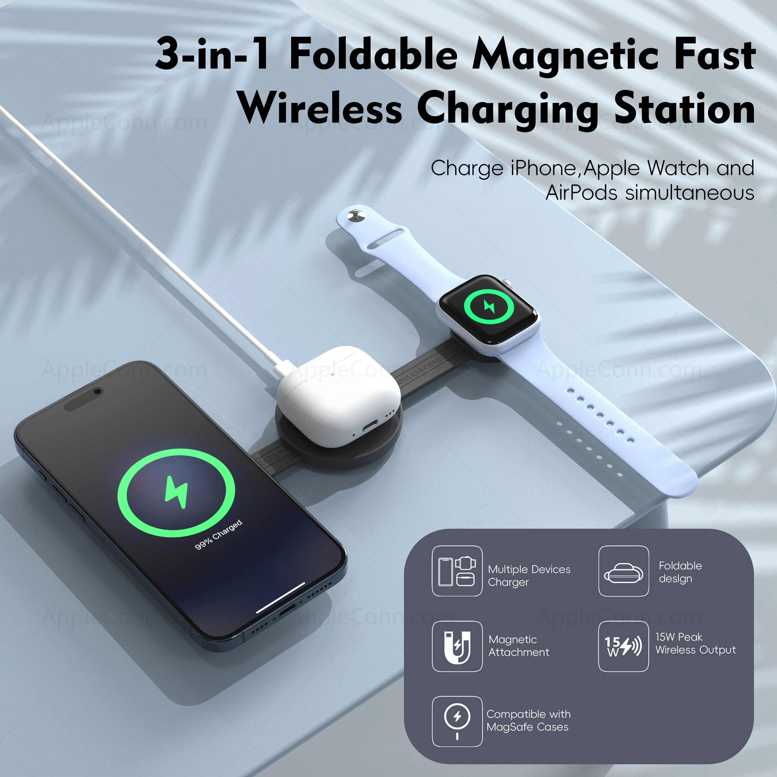Flying Saucer 3-in-1 Charger Fold Magnetic Wireless Station 15W Fast for Phone Watch AirPods Compact Travel Companion Desk/Trip