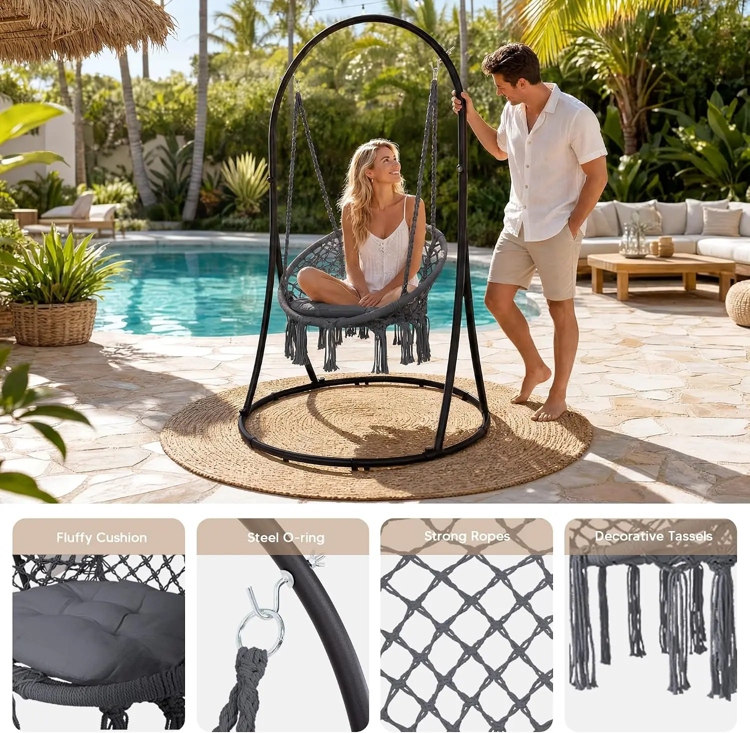 Indoor Hammock Swing Chair with Stand, Hanging Chair Outdoor with Stand, 330 lbs Capacity, Grey