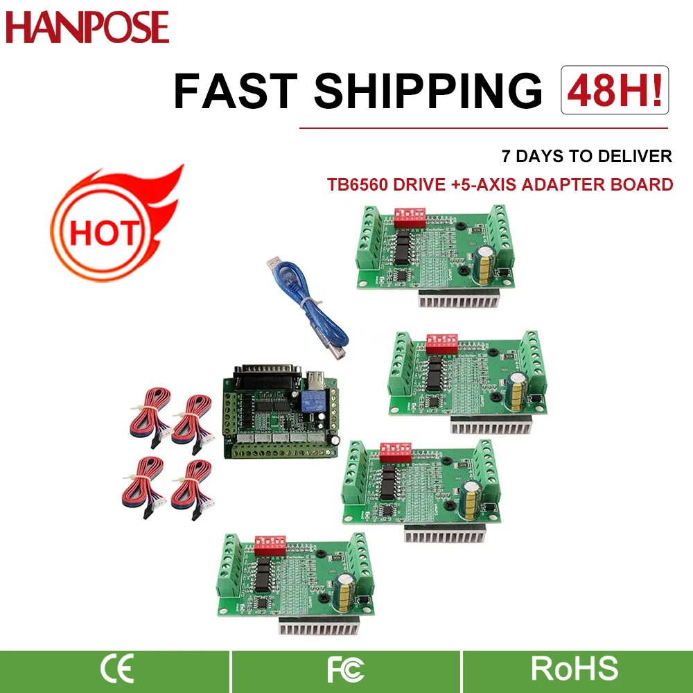 HANPOSE CNC Router one 5-axis adapter board + DB25 parallel cable+4PCS TB6560 42 Motor Driver Set