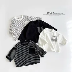 Child Long Sleeve Tshirt Early Spring Korean Version Clothes Trendy Loose Base Shirt Baby Unisex New Design Crewneck Striped Top