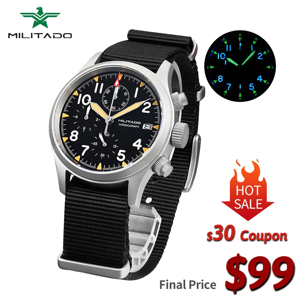 

Militado ML1868KF quartz watches man VK67 39mm chronograph watch Luminous Sapphire Glass 100m waterproof military Wrist watch