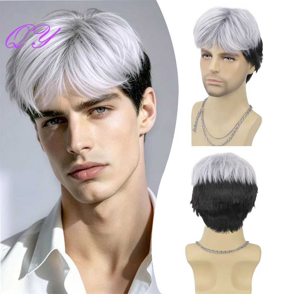 

Short Synthetic Men Fluffy Wig Silver Gray Gradient Black Layers With Bangs Stylish For Daily Party Cosplay Photoshoot